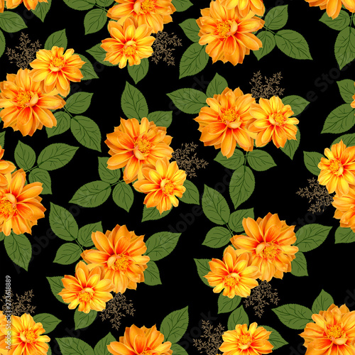 Seamless dahlia flower with leave pattern