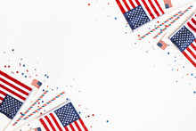 4th Of July American Independence Day Decorations On White Background. Flat Lay, Top View, Copy Space