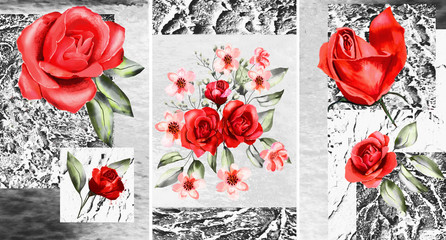 Wall Mural - Collection of designer oil paintings. Decoration for the interior. Modern abstract art on canvas. Red roses on a gray background.