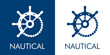 © teracreonte - Logotipo abstracto con texto NAUTICAL con timón y cuerda en azul y blanco