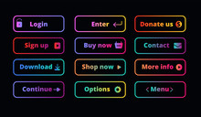 Gradient Action Buttons. Neon Glow Frame Button On Dark For Shopping App And Banners With Continue, Buying Options Icons Vector Set. Illustration Of Neon Glow Banner, More Info, Shop Now