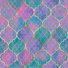 Watercolor Abstract Geometric Seamless Pattern. Arab Tiles. Kaleidoscope Effect. Watercolor Mosaic