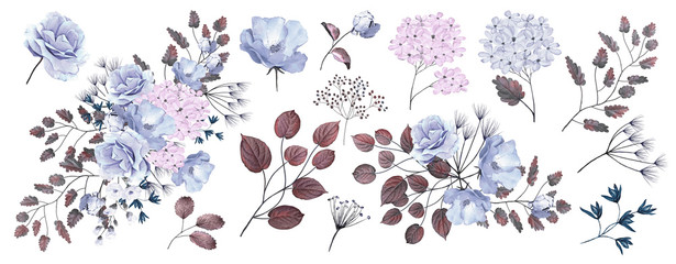 Watercolor drawing of flower compositions.Branches with leaves and flowers. Botanical illustration. Set: roses, flowers, bouquets, twigs, leaves isolated on white background. Blue rose.