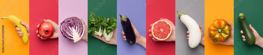 Nine different backgrounds with fruits and vegetables - obrazy, fototapety, plakaty 