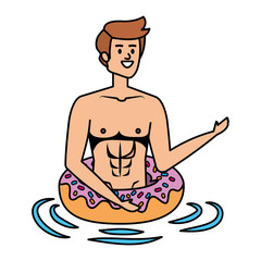 Canvas Print - young man with swimsuit and float donut