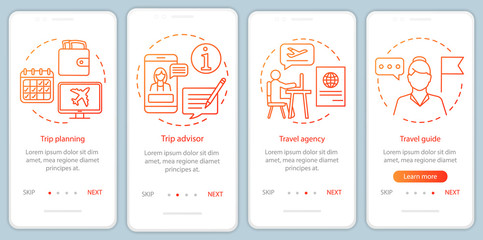 Traveling onboarding mobile app page screen with linear concepts
