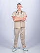 © be free - Private clinic. Check health. Doctor career. Man doctor with stethoscope physician uniform. Medicine and health care. Professional doctor. Experienced doctor beige clothes on white background