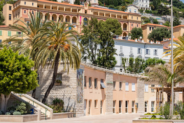 Canvas Print - Colorful houses in old town architecture of Menton on French Riviera. Provence-Alpes-Cote d'Azur, France.