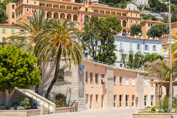 Canvas Print - Colorful houses in old town architecture of Menton on French Riviera. Provence-Alpes-Cote d'Azur, France.