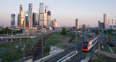 Evening train near Moscow business center