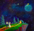 © weris7554 - Couple in love guy and girl go for red thread in portal in night landscape - Girl spirit god flies to portal on planet in blue space. Beautiful cosmic space fantasy art scenery. Modern fine art