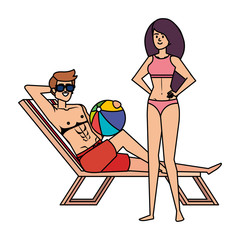 Sticker - young couple relaxing in beach chair with balloon toy