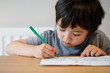 © Anchalee - Portrait of preschool kid boy making homework at home. Child drawing with colorful pencils, Little boy is writing at the table, Elementary school and education concept