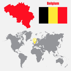 Fototapete - Belgium map on a world map with flag and map pointer. Vector illustration