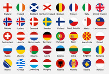 National Flags Of European Countries With Captions. Set Of Vector Icons Illustration For National Events, Travel And Holidays.