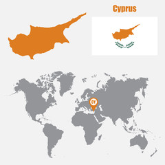 Fototapete - Cyprus map on a world map with flag and map pointer. Vector illustration