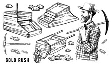 California Gold Rush Vector Hand Drawn Otline Vintage Illustration Set With Miner And Rocker Boxes