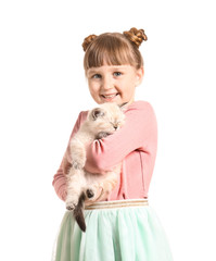 Wall Mural - Girl with cute fluffy kitten on white background