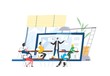 © Good Studio - People sitting at desks in front of lecturer or speaker displaying on screen of giant laptop. Webinar, webcast, web conference, online course, internet education. Modern flat vector illustration.