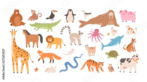 Photographie Collection of funny adorable wild exotic and domestic animals - cute mammals, reptiles, birds isolated on white background