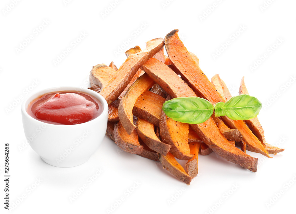 Tasty cooked sweet potato with sauce on white background
