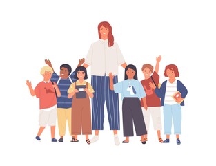 Wall Mural - Group of joyful schoolchildren or pupils and female teacher standing together. Young woman and cute happy kids isolated on white background. Colorful vector illustration in flat cartoon style.