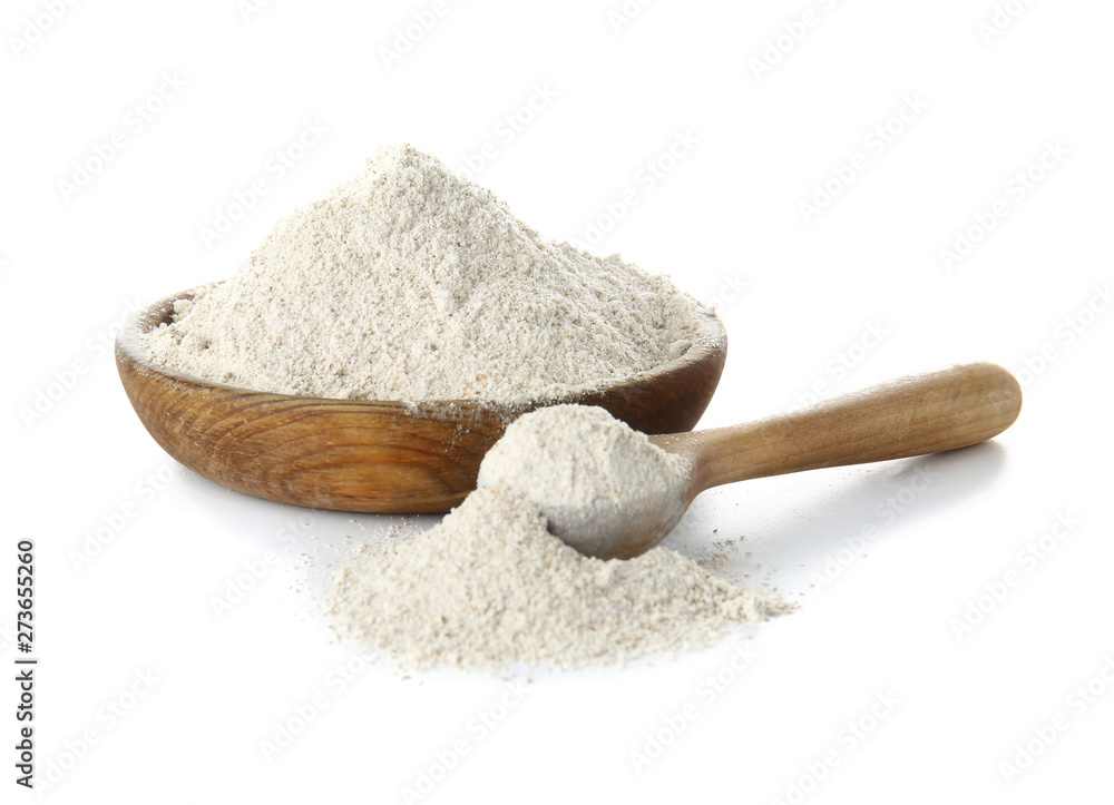 Plate with flour on white background