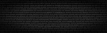 Panoramic Texture Of Black Brick Wall, Brickwork Background For Design Or Backdrop