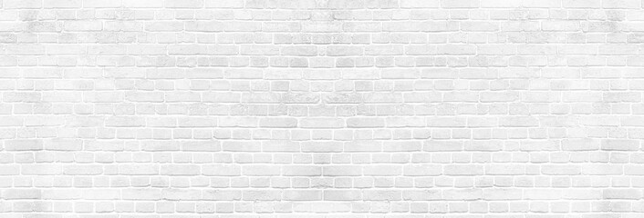 Panoramic background of wide white brick wall texture. Home or office design backdrop