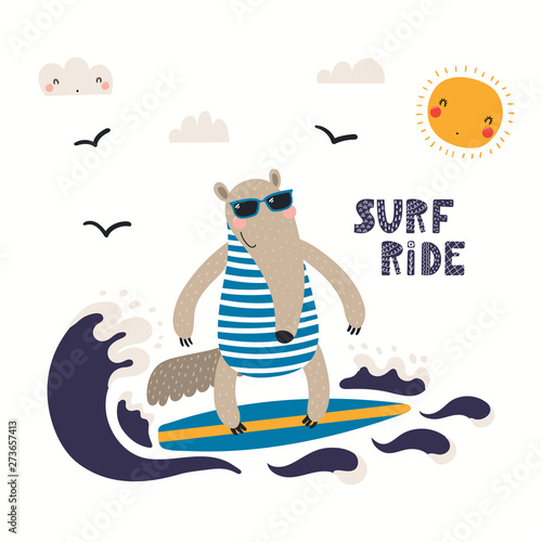 Hand drawn vector illustration of a cute anteater in summer surfing, with let...