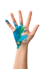 Female hand with paint on white background