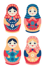 Set Of Traditional Russian Wooden Dolls In Flat Style. Collection Of Nesting Matryoshkas
