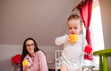 Wall Mural - Young mother with small toddler son indoors at home, playing.