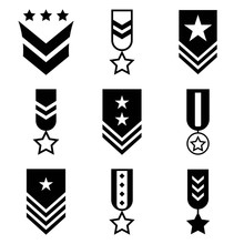 Military Rank Icon Set. Army Insignia Symbol Design. Soldier Emblem Black Icon Set.- Vector