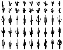 Black Silhouettes Of Different Cactus On A White Background