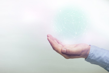 Poster - Human hand holding sphere social connection technologies on a white background. Mixed media.