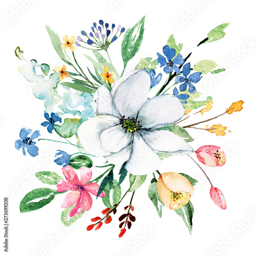 Watercolor flowers bouquet. Floral summer garden illustration for printing in...