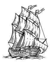 Black And White Sketch Of Sailing Old Ship