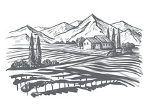 Hand Drawn Image Of Village And Landscape