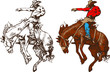  cowboy riding a wild horse mustang rounding a kicking horse on a rodeo graphic sketch sketching graphics	