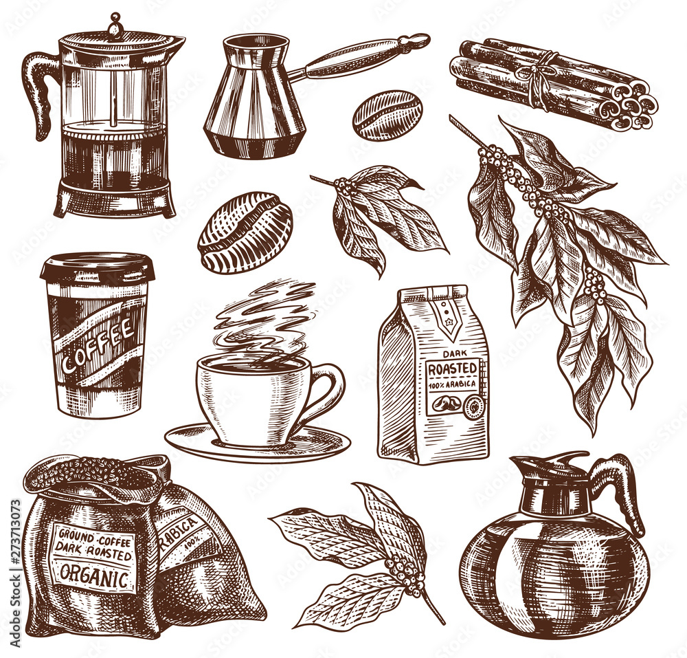Coffee in vintage style. A bag of grain, cocoa leaves, cinnamon sticks ...