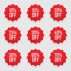 Poster - Sale tags set vector badges template, 10 off, 15 %, 20, 25, 30, 40, 50, 60, 70 percent sale label symbols, discount promotion flat icon with long shadow