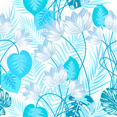 Wall Mural - Vector tropical jungle seamless pattern with blue palm tree leaves and flowers