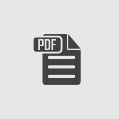 PDF icon in black on a gray background. Vector illustration