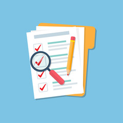 Fototapete - Folder with document checklist, magnify glass and pencil in a flat design. Audit concept