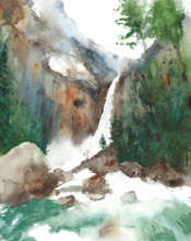 Waterfall Yosemite National Park Recreational Area American Nature Landscape Watercolor Painting Illustration