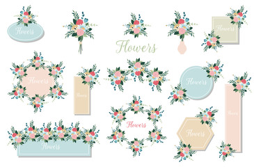 Wall Mural - Botanic card with wild flowers, leaves. Floral poster, invite. Set of floral branch. Pink rose, green leaves. Wedding concept with flowers.