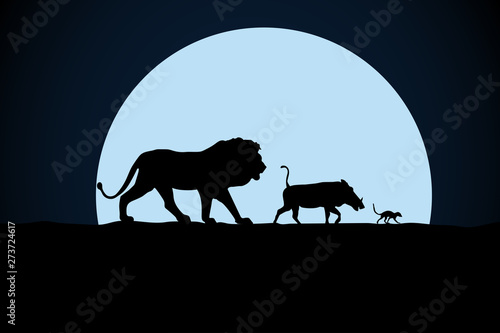 Fototapeta  Lion, warthog and woodchuck silhouette on a moon background