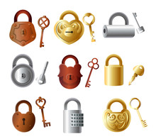 Set Of Colorful Metal Padlock With Keys, Gold Color