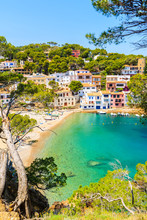 View Of Colorful Houses In Sea Bay With Beach In Sa Tuna Coastal Village, Costa Brava, Spain